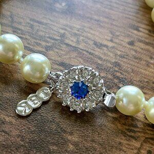 Camrose & Kross JBK Faux Pearl Necklace Single Strand Blue Crystal Clasp 21"
